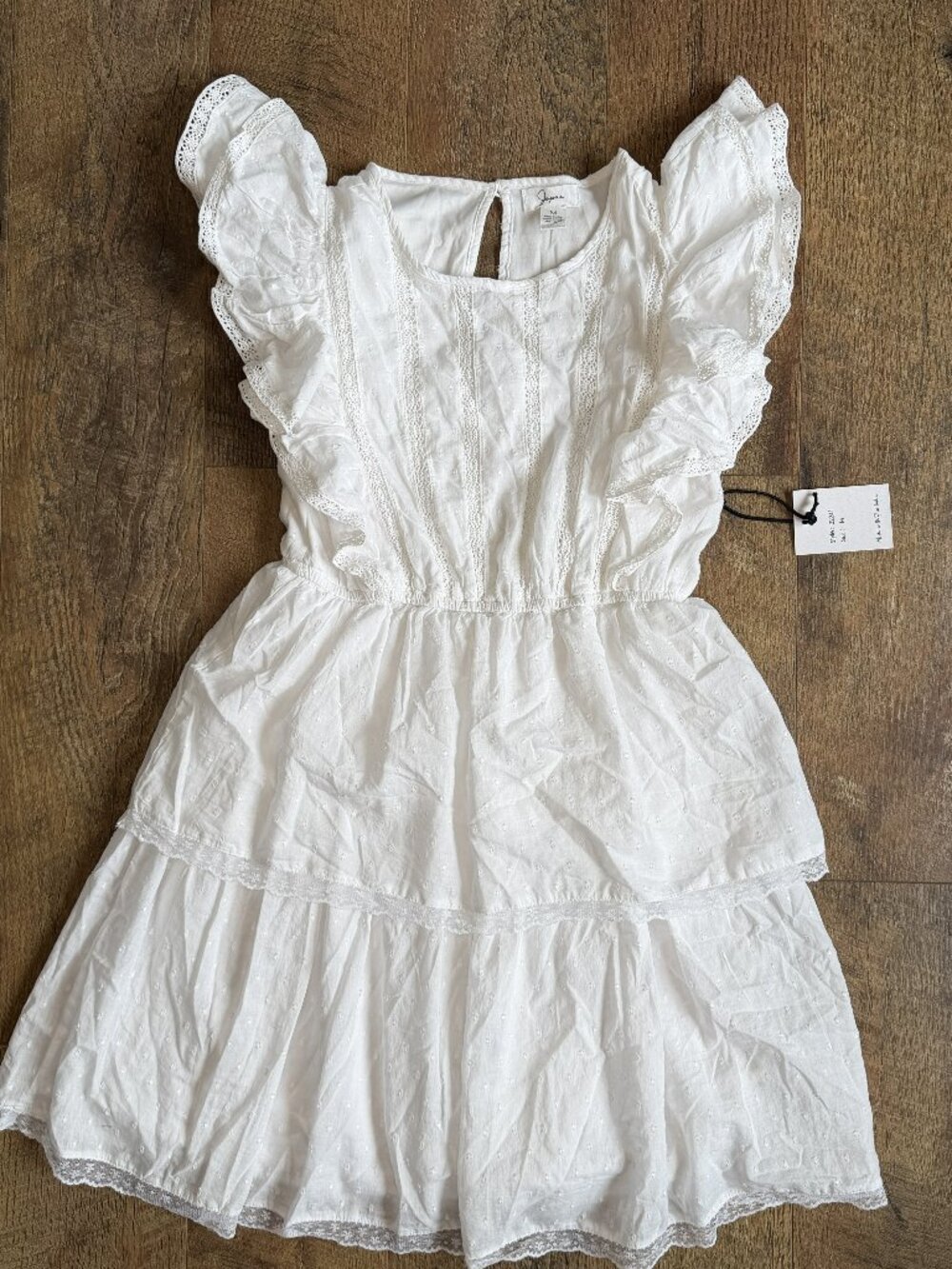 Japna Eyelet Lace Mini Elastic Waist Ruffle Tired Sundress Boho White Medium